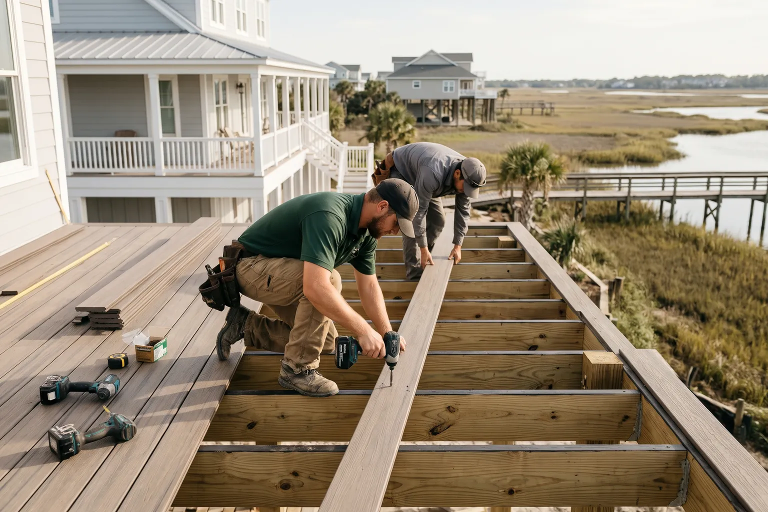 Workers installing composite decking on a new deck at a coastal home