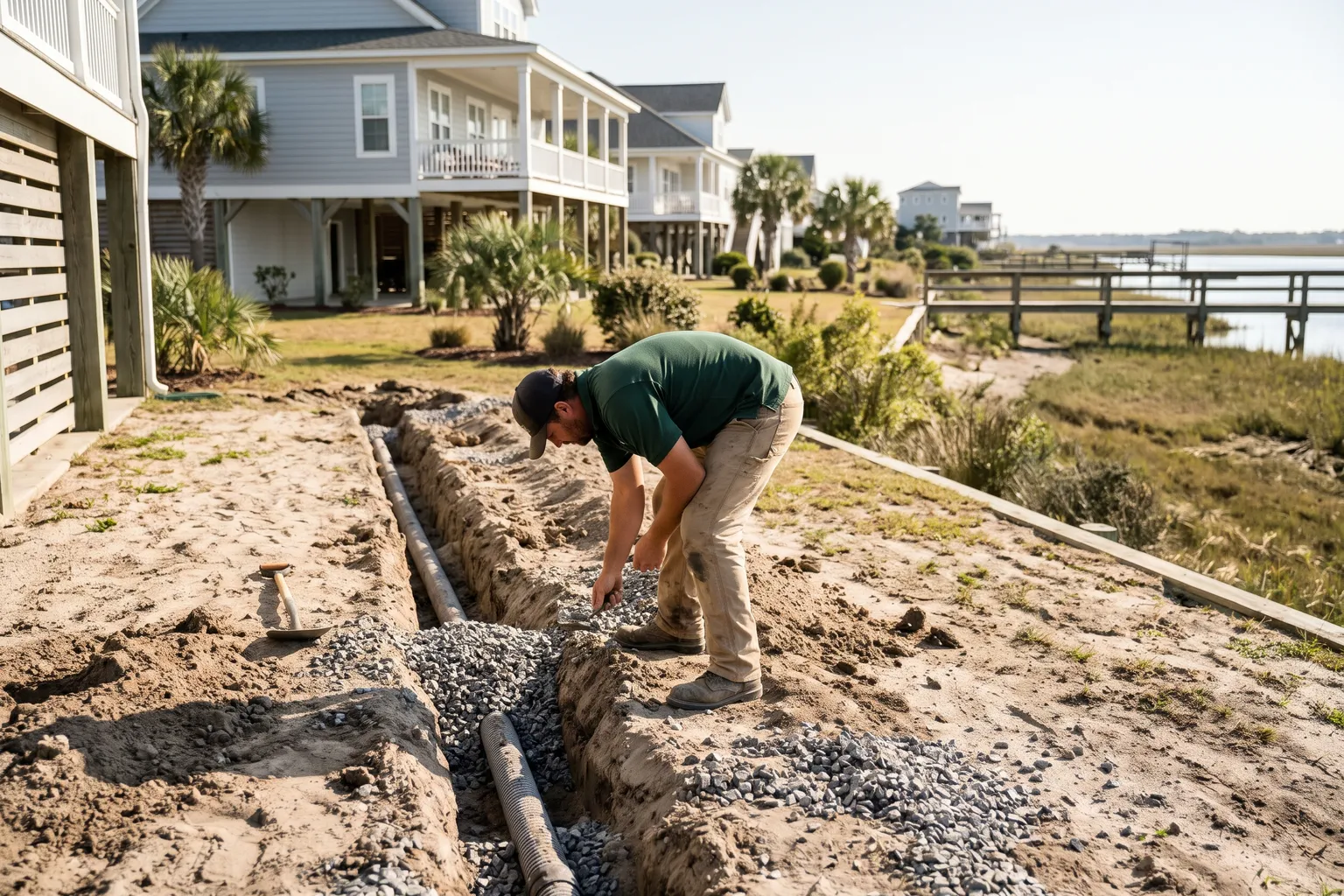 Worker laying a French drain pipe in a gravel trench beside a coastal home
