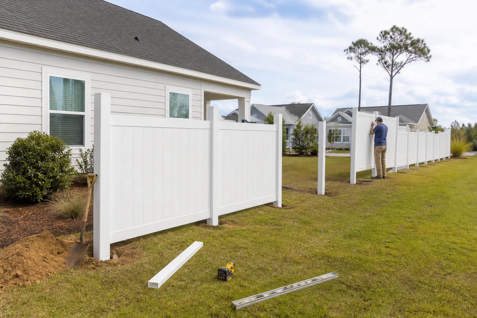 White vinyl fence being installed at a coastal Carolina home