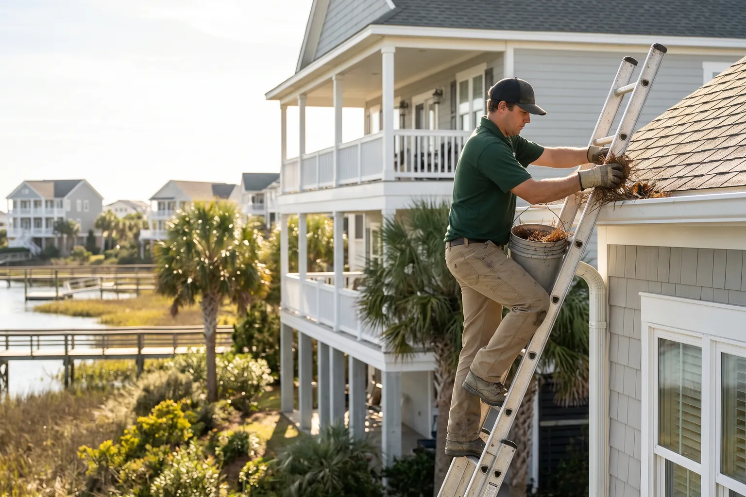 Worker on a ladder clearing leaves from a gutter at a coastal home