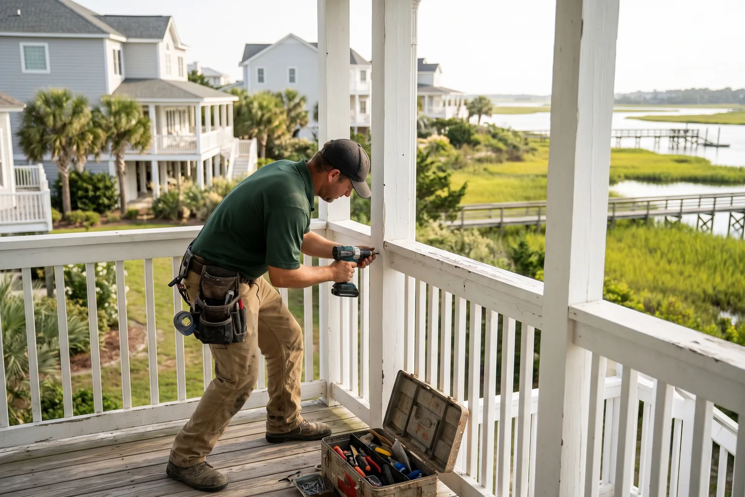 Handyman repairing a white porch railing at an elevated coastal home