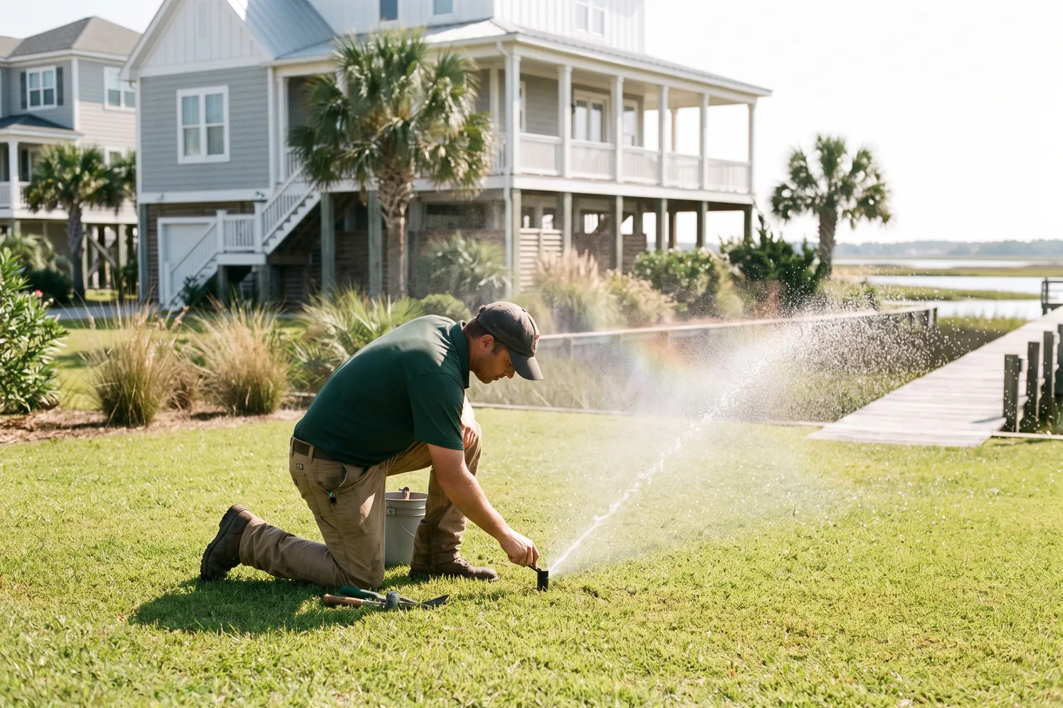 Worker adjusting a sprinkler head spraying a coastal lawn