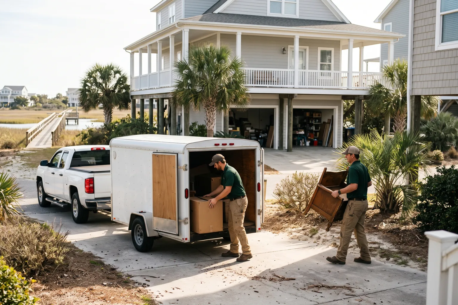 Workers loading furniture and boxes into a trailer at a coastal home