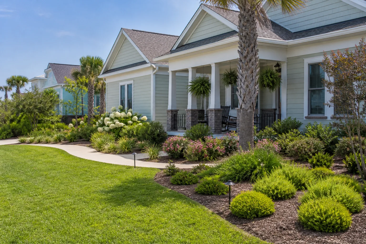 Finished residential landscape with planting beds and walkway