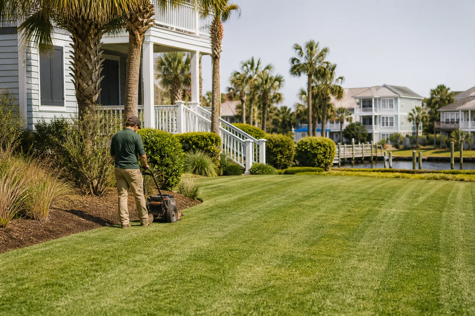 Professional mowing a healthy residential lawn
