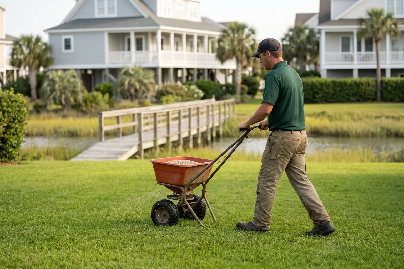 Worker spreading lawn treatment across a green lawn near the marsh