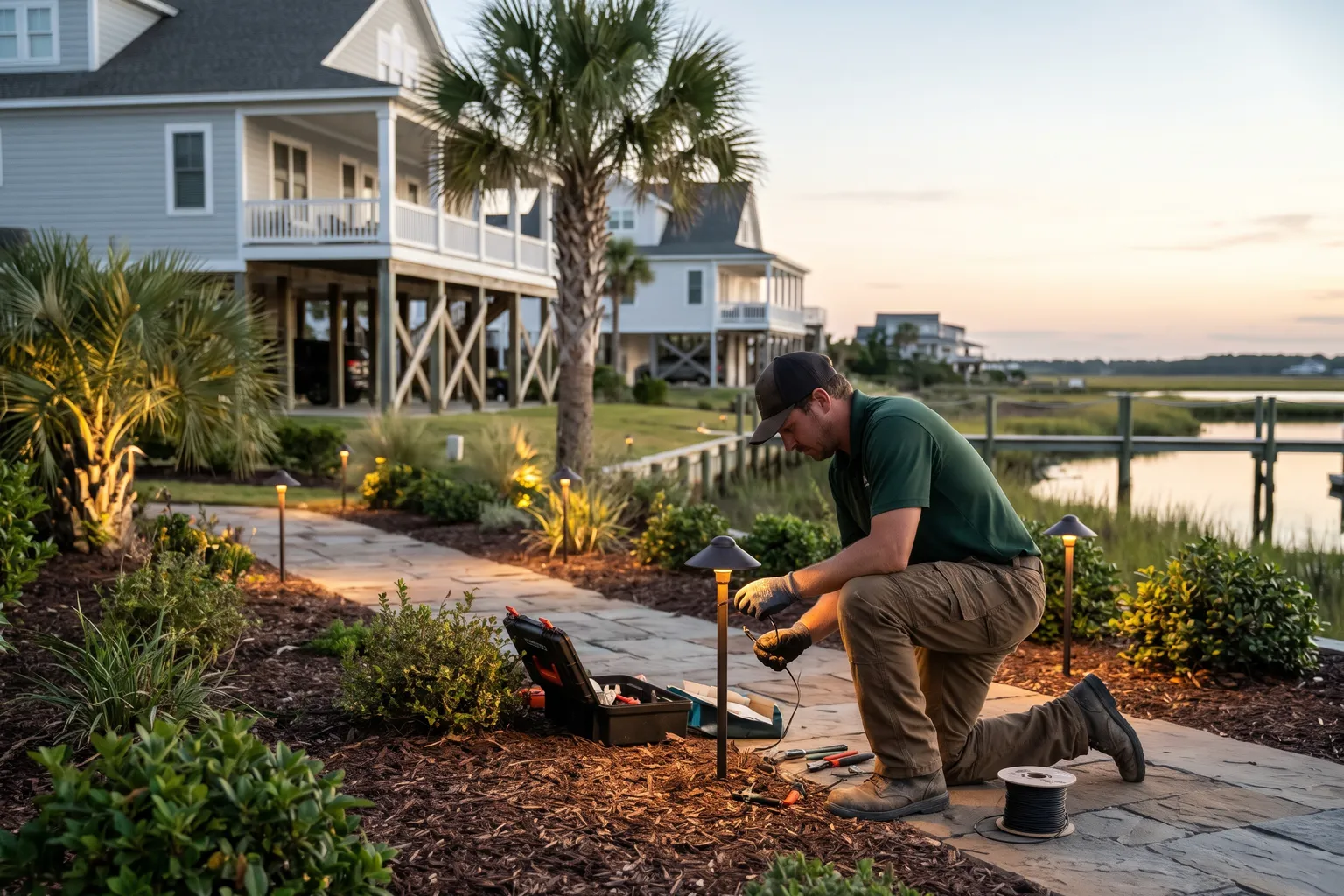 Worker installing a path light along a walkway at a coastal home at dusk