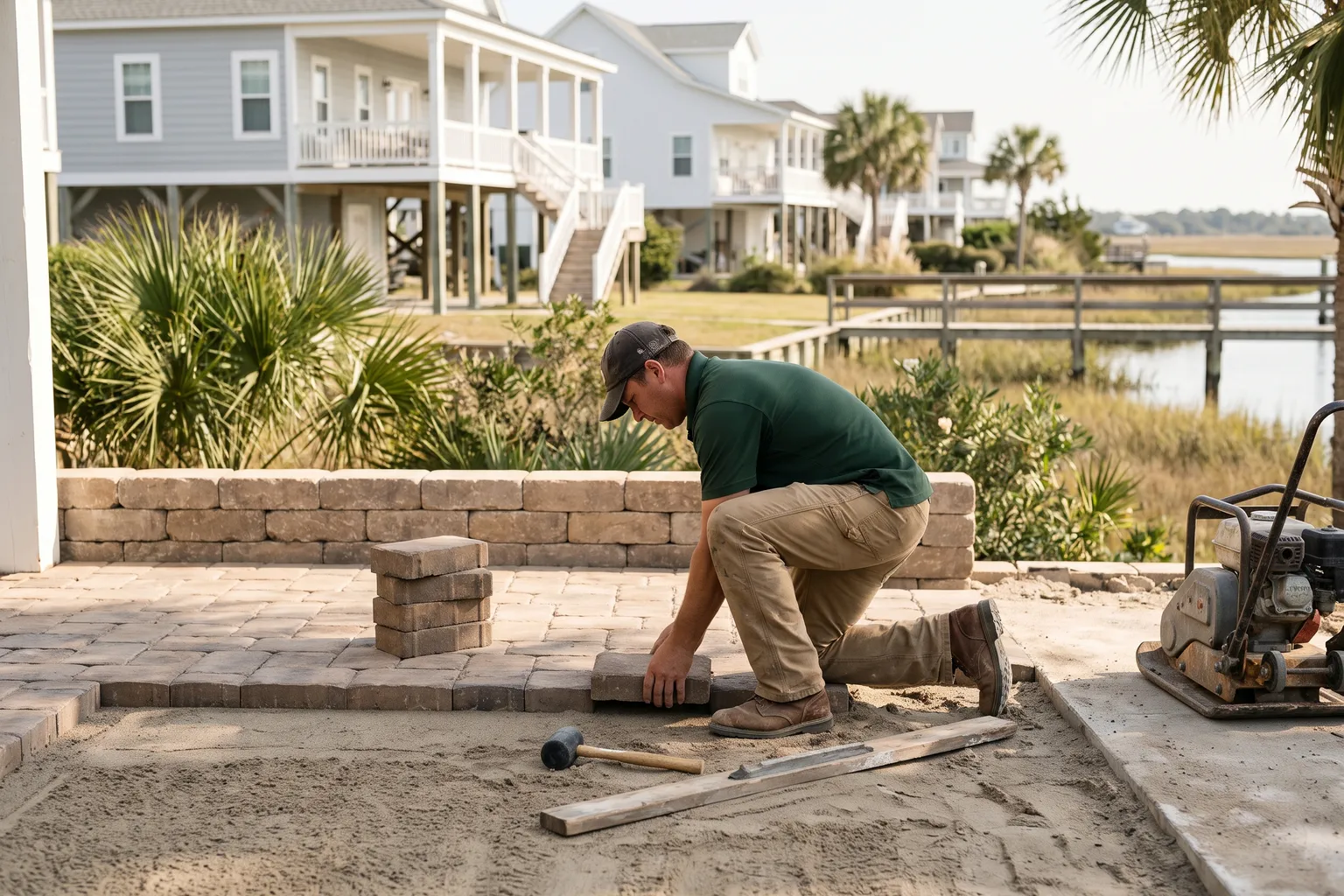 Worker laying pavers for a new patio beside a coastal home