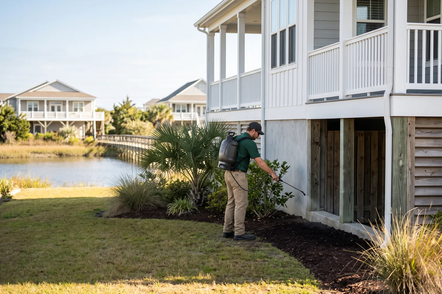 Worker treating shrubs and the foundation of a coastal home for pests