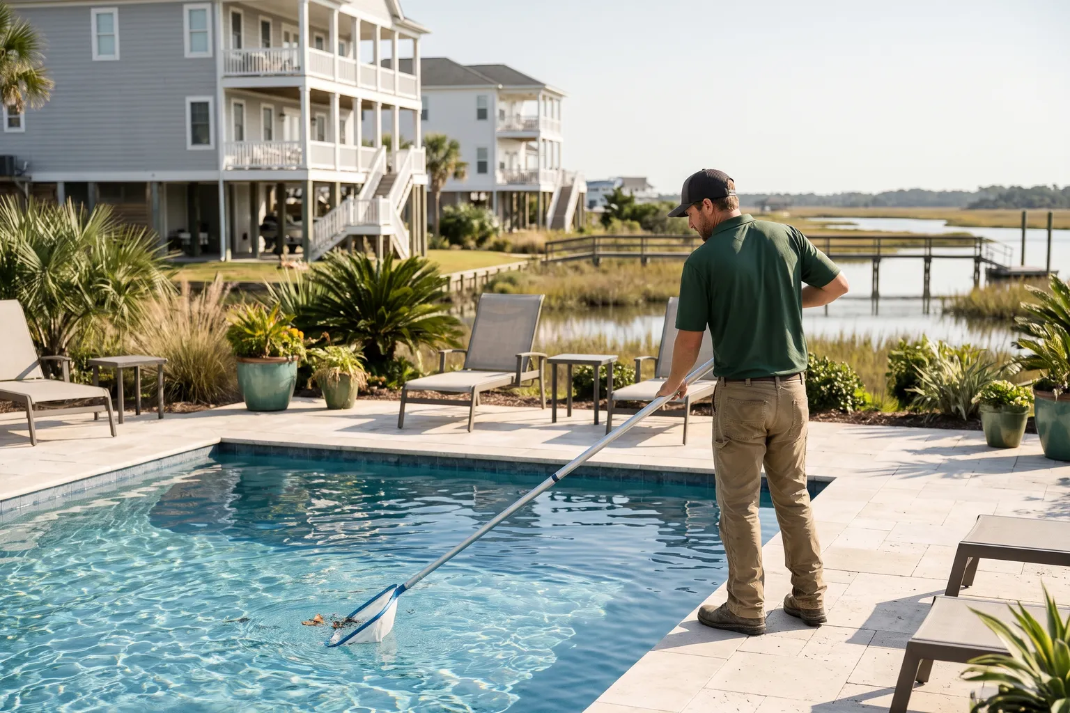 Worker skimming leaves from a clear backyard pool at a coastal home