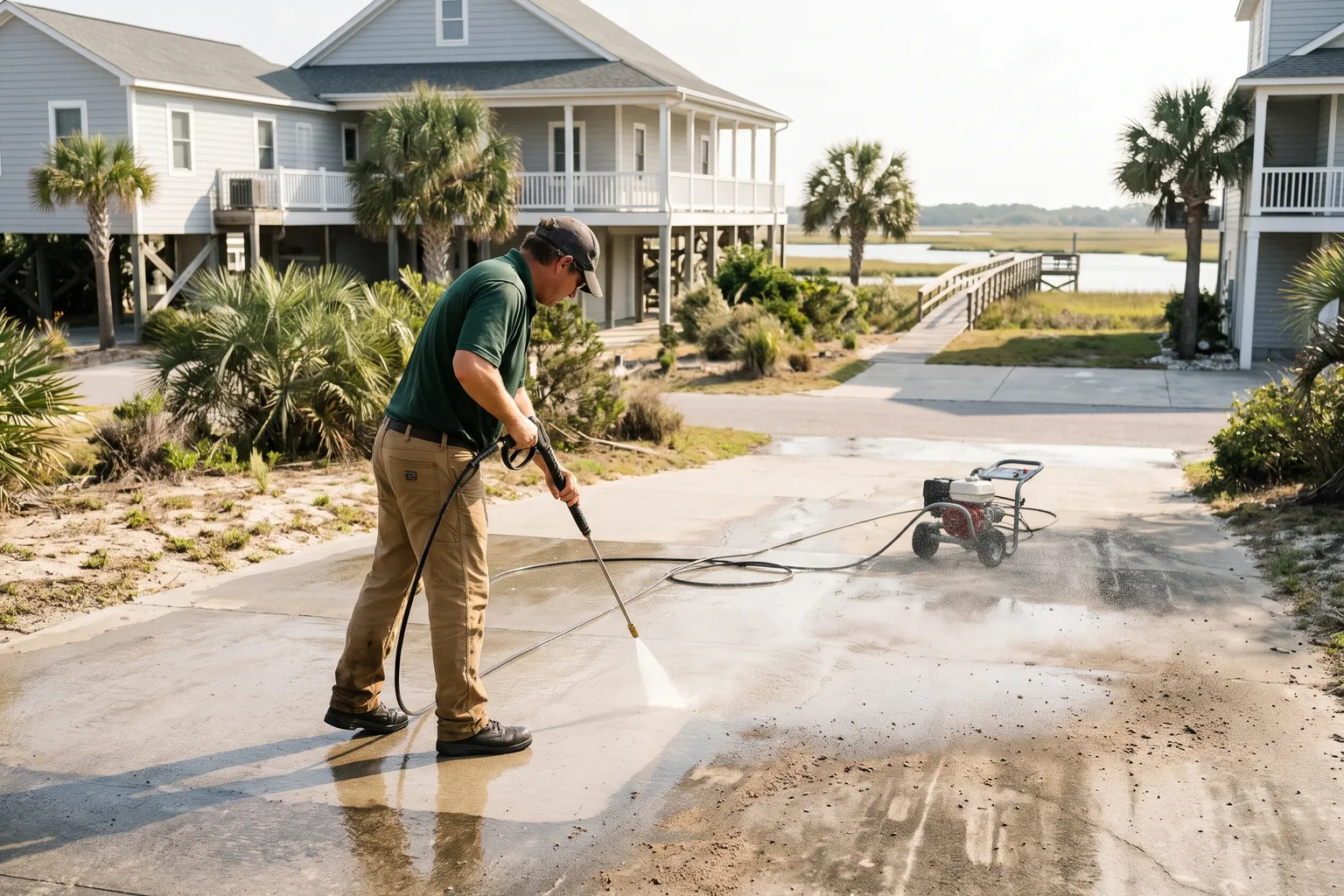 Worker pressure washing a concrete driveway at a coastal home