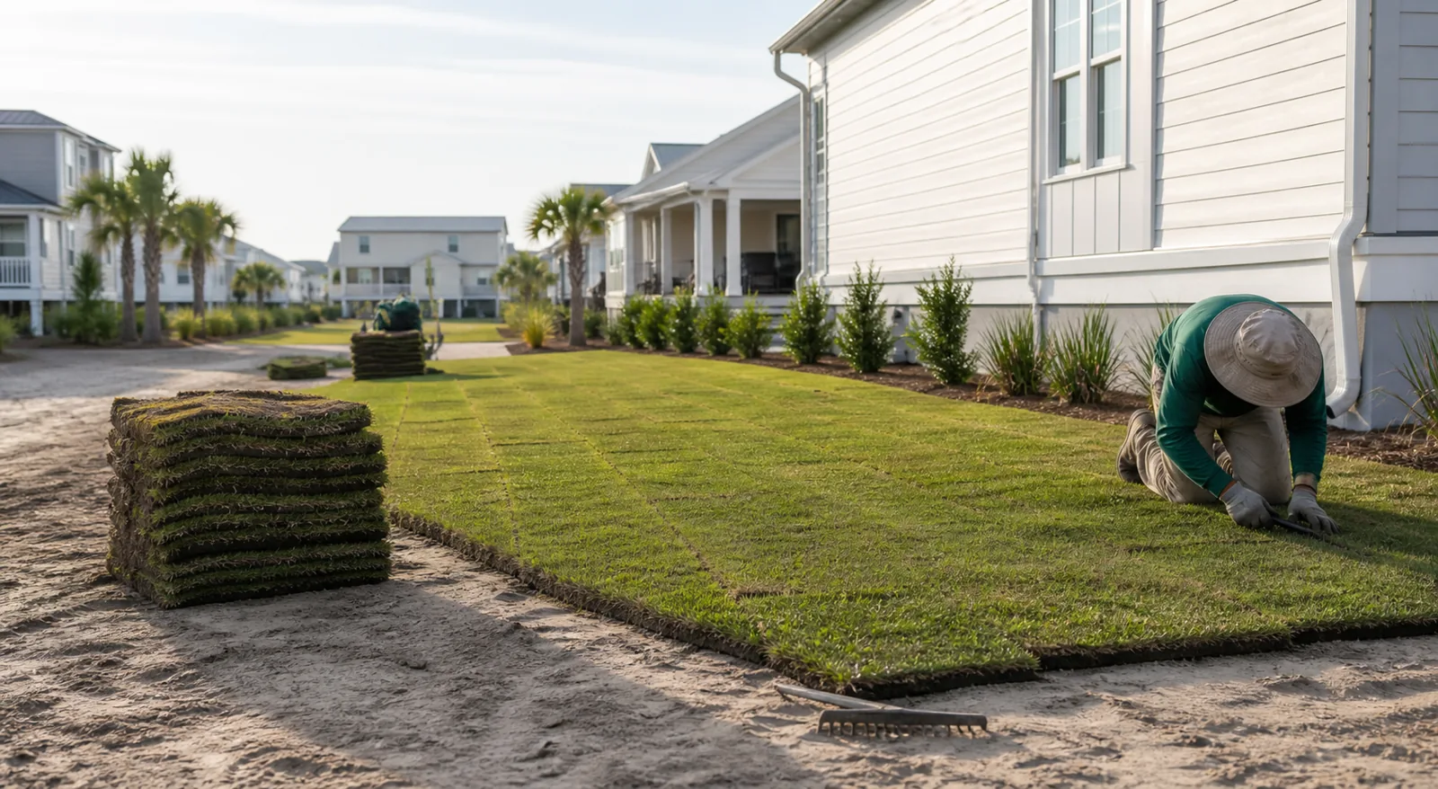 Fresh sod installation at a new coastal Carolina home