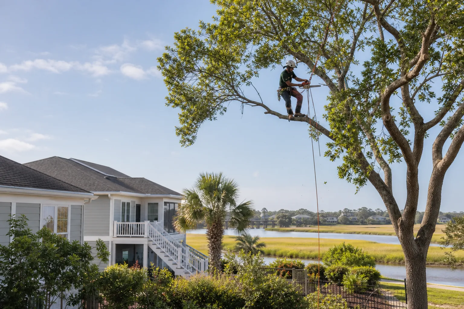 Tree care professional working in a mature tree