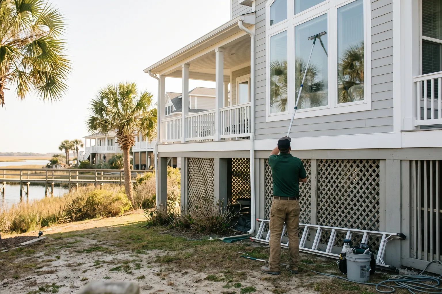Worker cleaning large windows of a coastal home with a squeegee